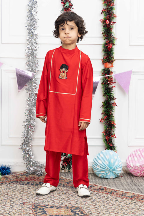 HANUMAN RED SILK KURTA SET